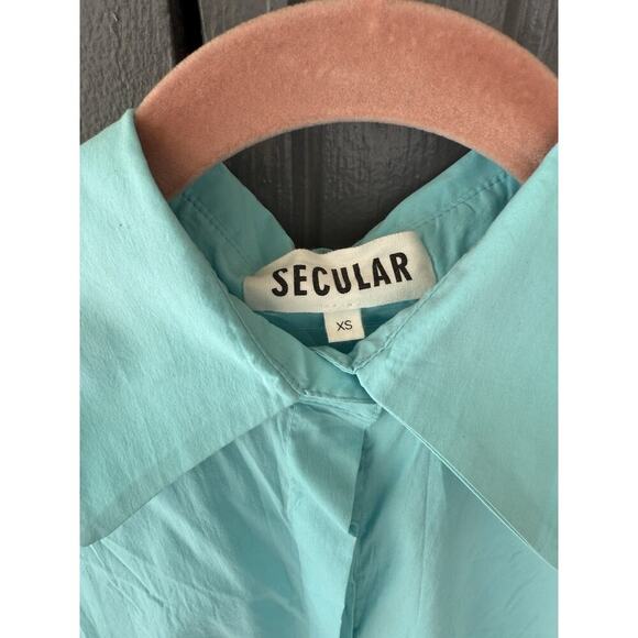 Secular Italy Oversized Button Up Shirt Top Aqua XS O/S 56” Bust Lagenlook $237 - Picture 8 of 12